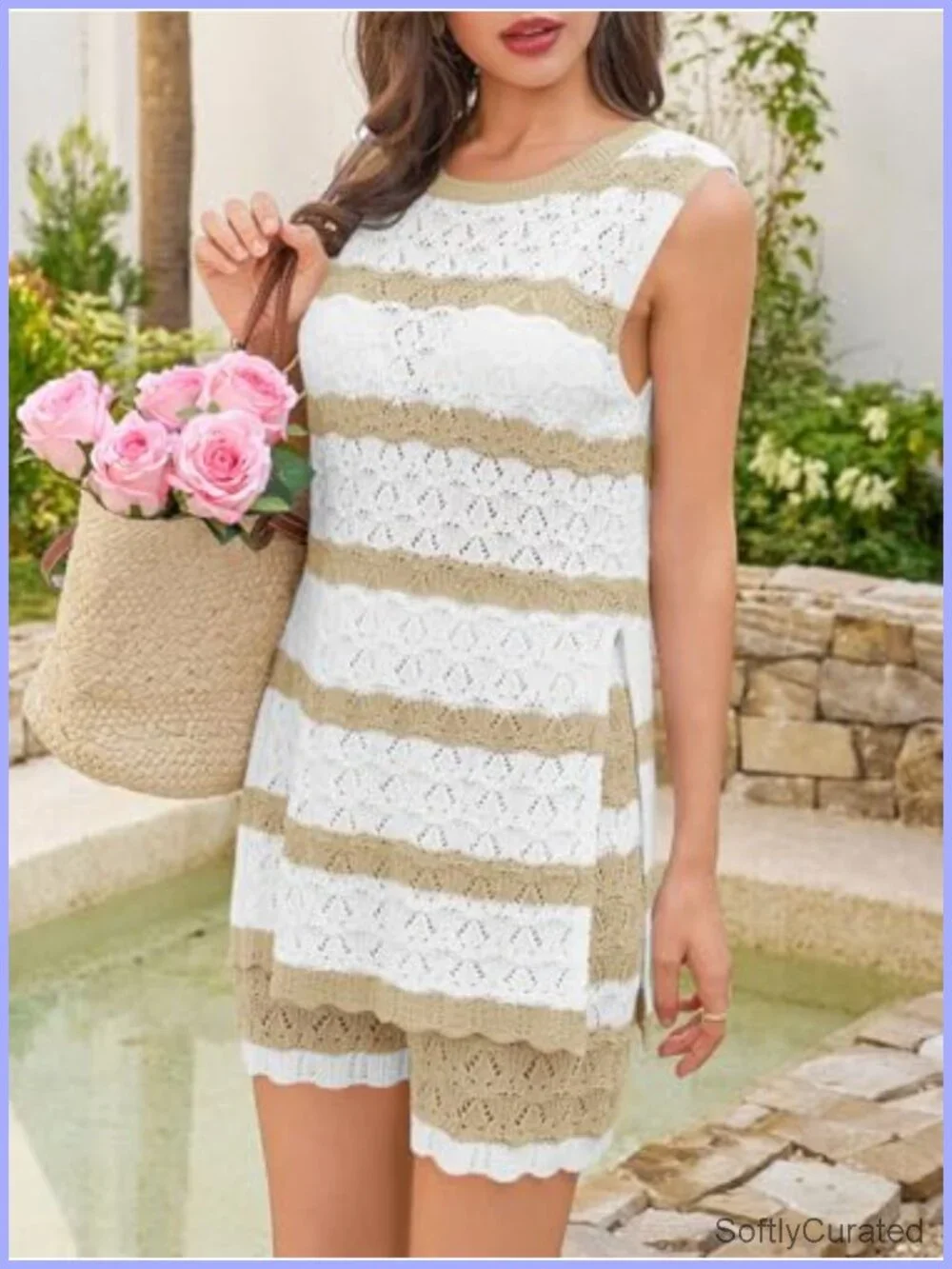 Crochet Swimsuit Coverup Set - Sleeveless Tank Top & Drawstring Shorts - Beach